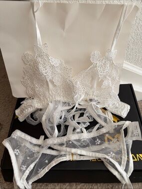 Delicate White Lace Bralette & Sheer Lace Panty Set - Women Intimates